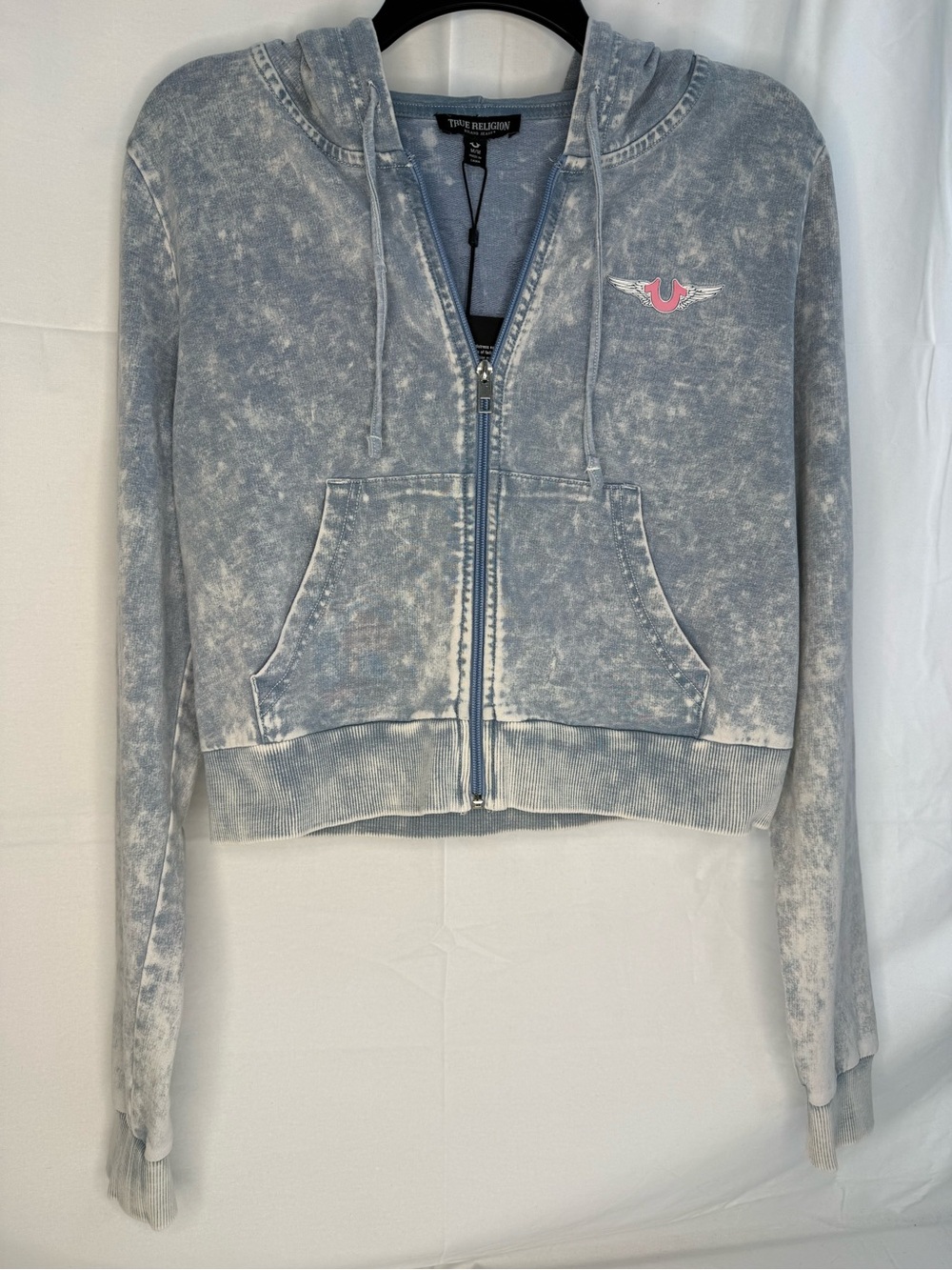 True Religion Women’s M Blue Acid Wash Logo Full Zip Hooded Hoodie Pockets